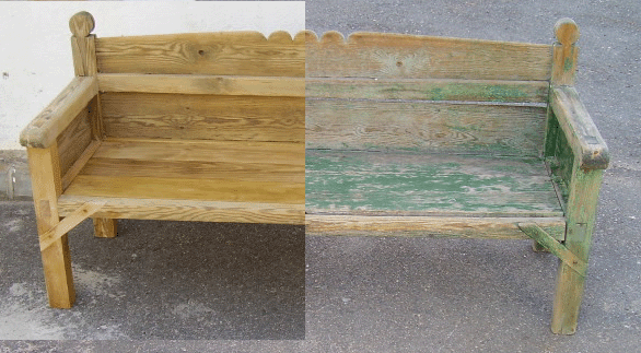 escaño de madera con el antes y el despues solapados